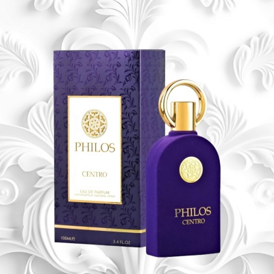 Perfume Philos Centro em frasco roxo com tampa dourada e embalagem roxa decorada