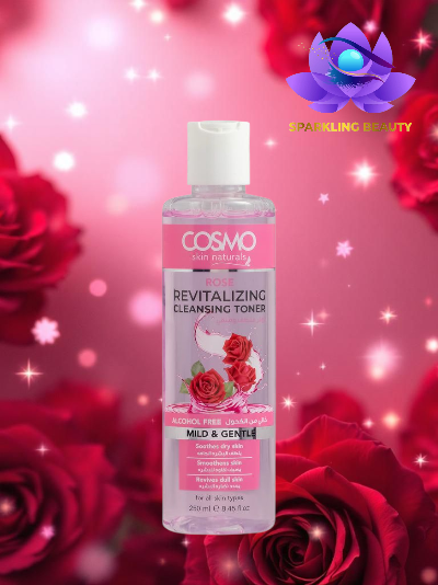 Frasco de tónico facial COSMO Rose Revitalizing Cleansing Toner com fundo rosa e flores vermelhas