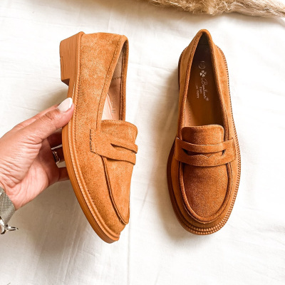 Par de sapatos mocassim castanhos em camurça sobre fundo branco