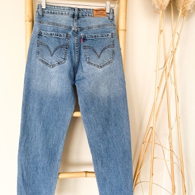 Calças de ganga azul claro em cabide de madeira com planta decorativa ao lado