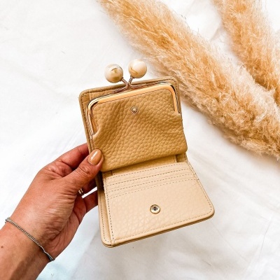 Carteira bege em couro com fecho metálico dourado e bolas decorativas, segurada por mão sobre fundo branco com planta seca.
