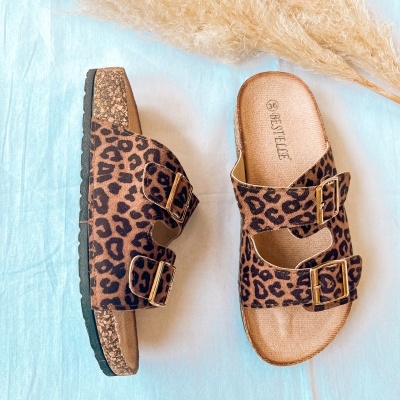 Sandálias leopard print com fivelas douradas e sola de cortiça sobre fundo azul claro e planta seca
