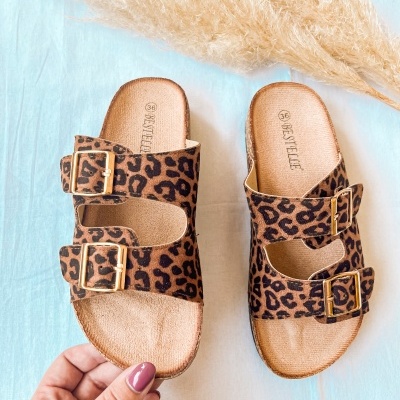 Par de sandálias animal print com duas fivelas douradas sobre fundo azul claro e planta seca