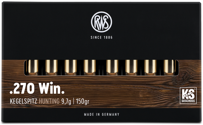 Embalagem preta com munições douradas visíveis e texto técnico