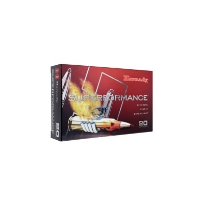 Caixa vermelha de munições Hornady Superformance com design gráfico e texto