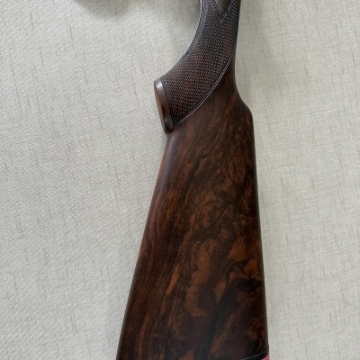 Parte traseira de arma de caça em madeira escura com proteção vermelha