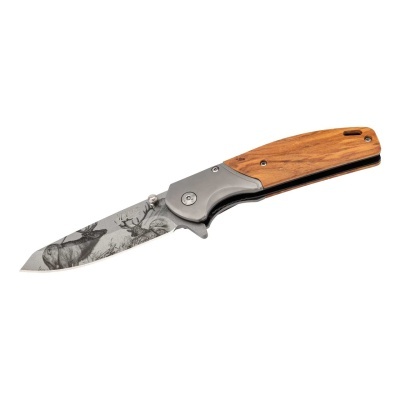 Faca dobrável com lâmina decorada e cabo de madeira e metal