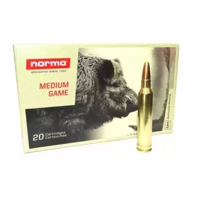Caixa de munição Norma Medium Game com imagem de javali e um cartucho à frente