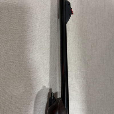 Espingarda com cano preto e coronha em madeira escura sobre fundo cinzento