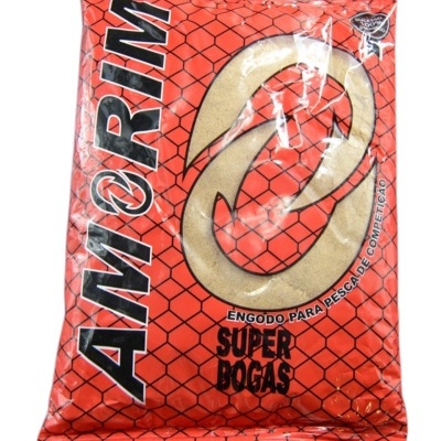 Embalagem vermelha para engodo de pesca com texto AMORIM e SUPER BOGAS