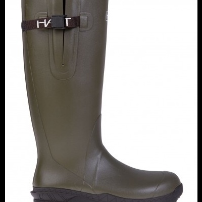 Bota de chuva verde-oliva com sola preta e tira ajustável com fivela