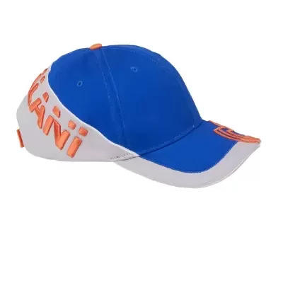 Boné azul e branco com texto e logotipo laranja
