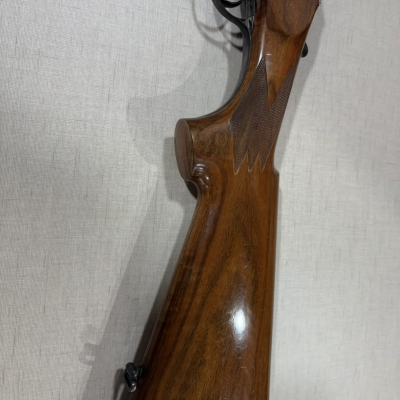 Espingarda com coronha em madeira polida castanha montada numa parede clara