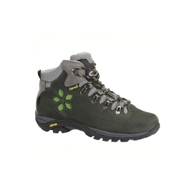 Bota de caminhada verde escura e cinza com detalhes verdes e sola preta