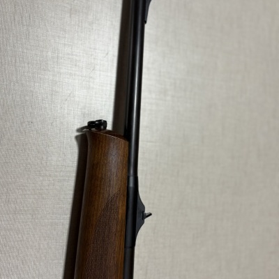 Espingarda com coronha em madeira escura encostada numa parede cinzenta.