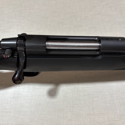 Corpo de espingarda de caça em metal preto e aço polido com fundo bege