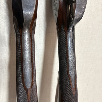 Detalhe de duas espingardas de cano duplo com acabamento em madeira e metal gravado.