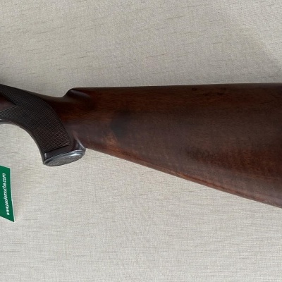 Espingarda com coronha de madeira polida e etiqueta verde