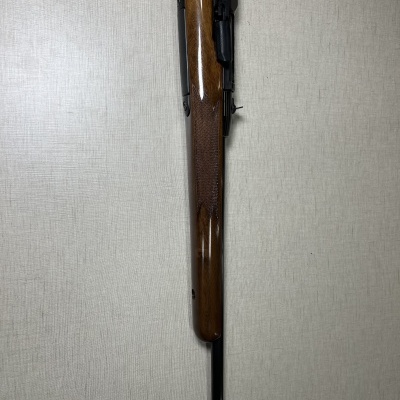Espingarda com coronha de madeira castanha e cano preto