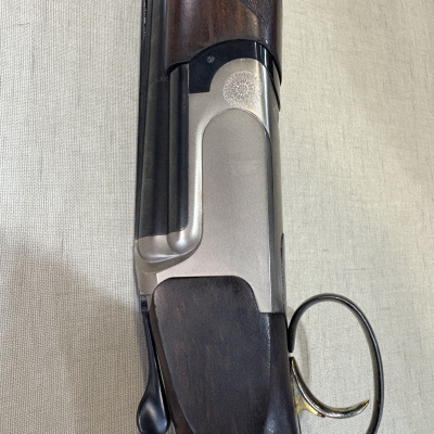 Detalhe de arma de fogo com madeira e metal prateado e dourado