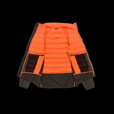 casaco híbrido laranja e preto aberto mostrando interior acolchoado