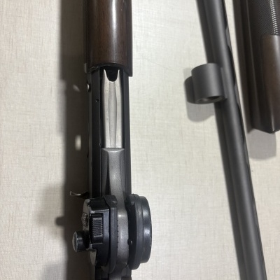 Espingarda de metal cinzento e madeira escura em fundo claro