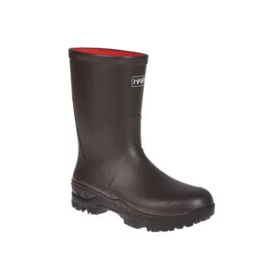 Bota de borracha preta com interior vermelho e etiqueta HARRIER