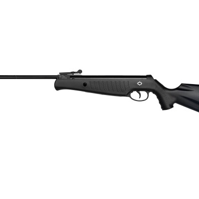 Carabina de ar comprimido preta com coronha e empunhadura texturizadas.