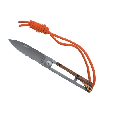 Faca dobrável com lâmina cinzenta e cabo de madeira com cordão laranja