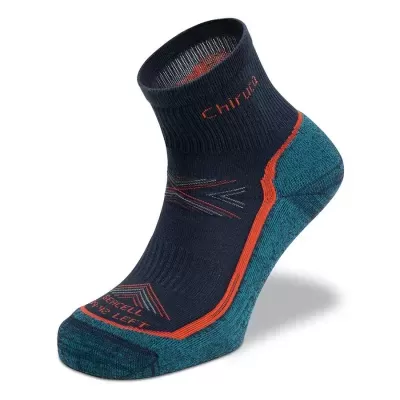 Meia anatómica azul escuro e verde com detalhes laranja