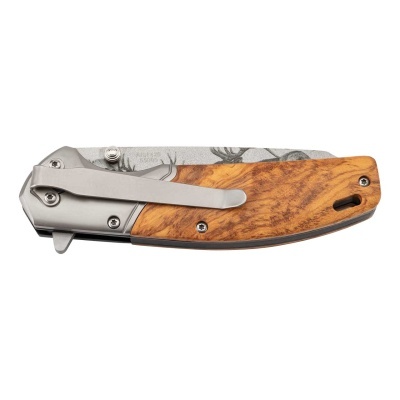 Faca dobrável com madeira e aço cinzento com desenho de veado