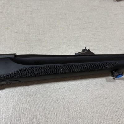 Rifle preto com empunhadura texturizada e mira traseira detalhada