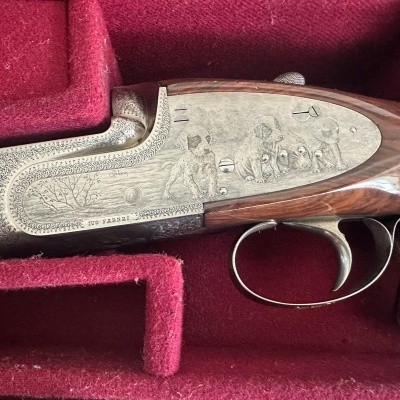 espingarda de caça com gravuras em estojo vermelho