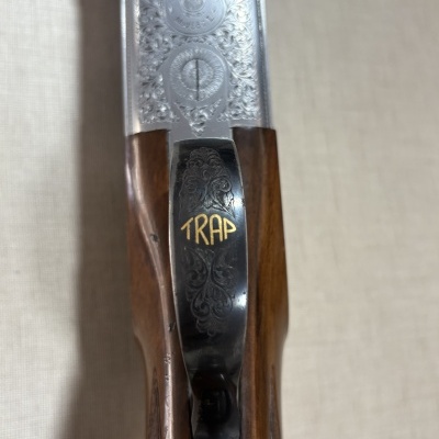 Detalhe da parte superior de uma arma de fogo com gravações e palavra TRAP em dourado.