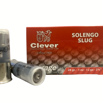 Caixa vermelha de munição Clever Solengo Slug e três cartuchos cinza calibre 12