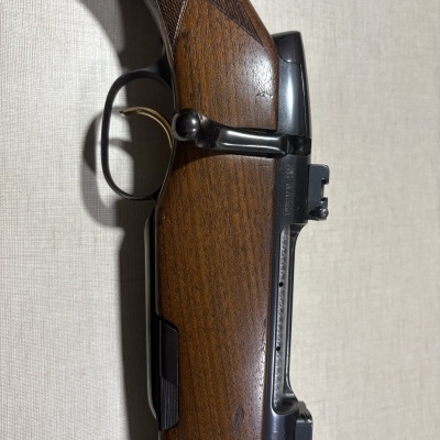 Detalhe de arma de fogo com madeira e metal