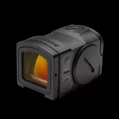 Dispositivo óptico preto com lente amarelada refletora e botões laterais