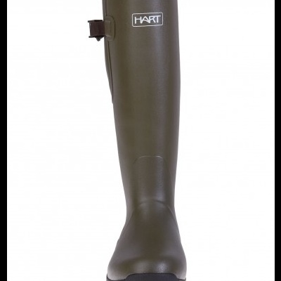 Bota alta de borracha verde com sola preta e texto HART