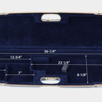 Estojo aberto forrado a tecido azul escuro com várias medidas em branco no interior