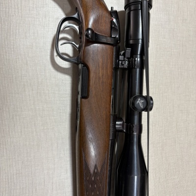 Rifle de caça com coronha em madeira e mira telescópica preta