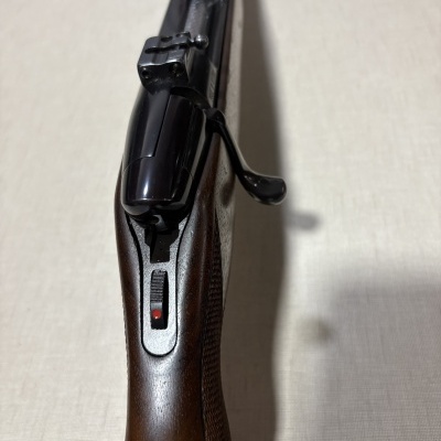 Rifle com coronha em madeira castanha e cano metal preto