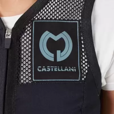 Colete desportivo preto com malha, logótipo CASTELLANI e zíper frontal