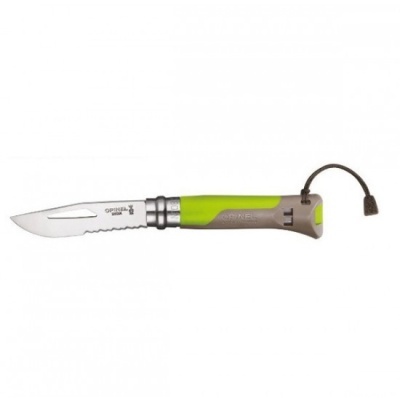 Faca utilitária com lâmina em aço inoxidável e punho verde e cinza