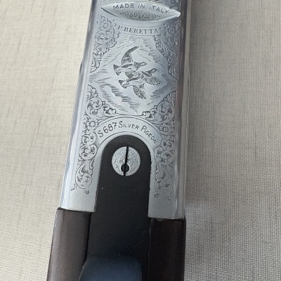 Espingarda com detalhes em metal prateado e madeira escura