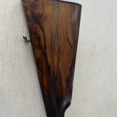 Espingarda com coronha de madeira polida fixada na parede