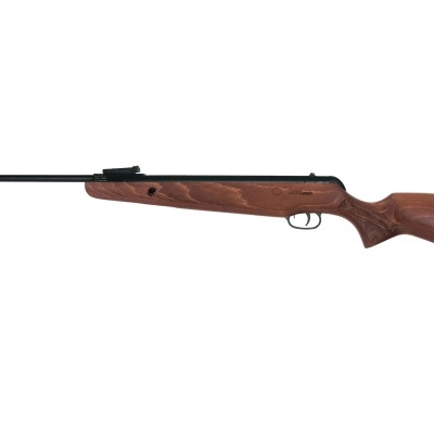 Espingarda de madeira e metal com engrenagem de mira