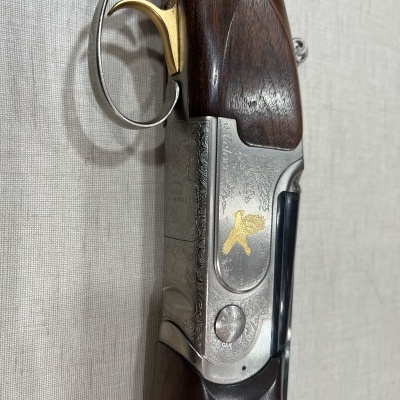 Espingarda com detalhes prateados e dourados e punho de madeira castanha