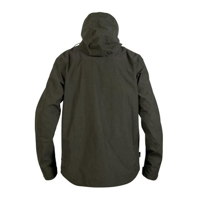 Casaco verde-escuro com capuz visto de trás