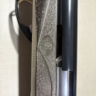 Espingarda com gravações ornamentais prateadas, detalhes pretos e número de série F236850