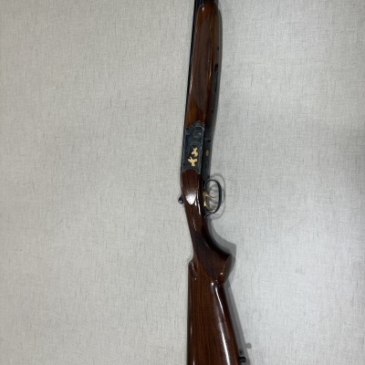 Espingarda de cano duplo com detalhes dourados sobre fundo claro